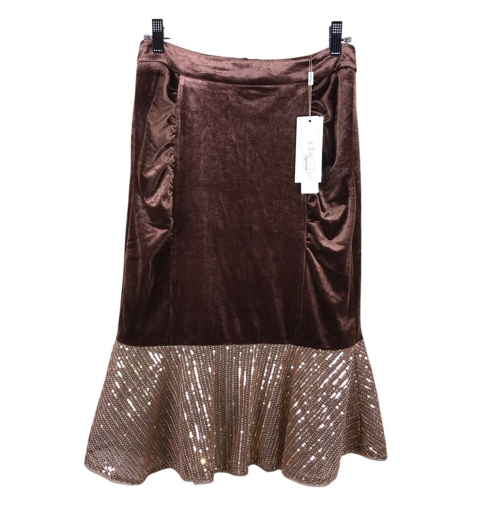 NWT Belle Poque Skirt Women’s Small Brown Velvet Mermaid Sequin Hem Retro Midi